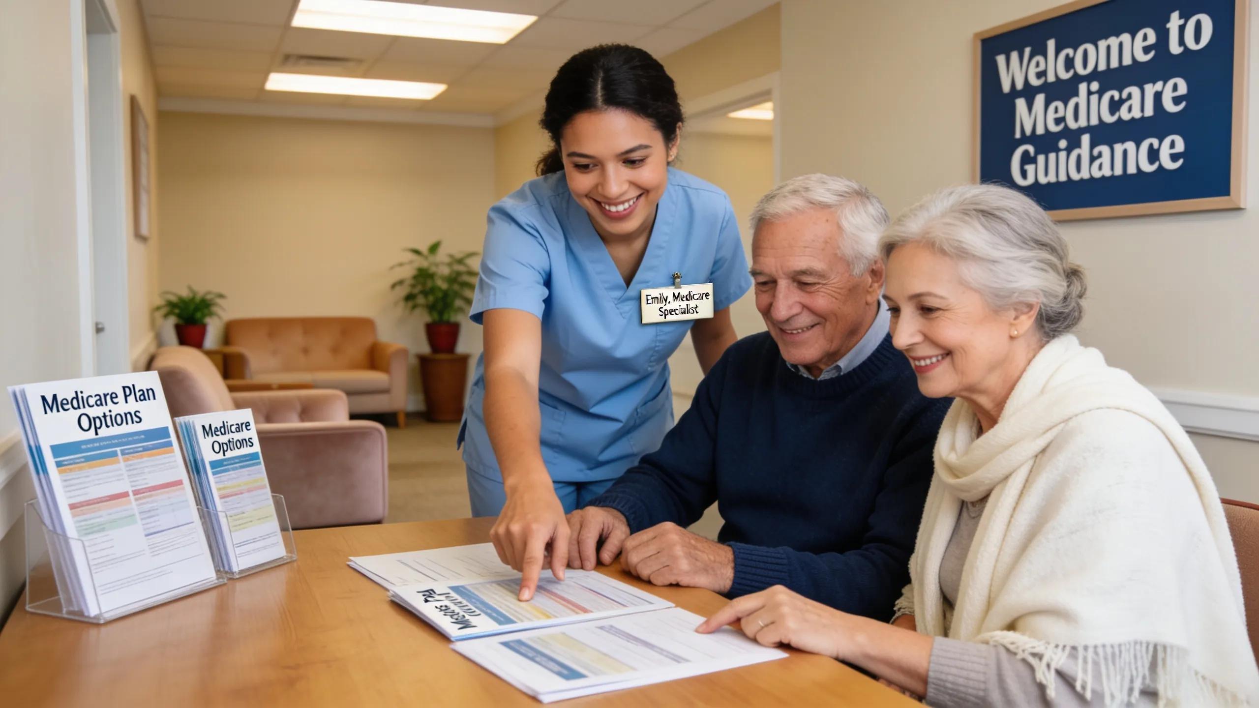 Senior couple receiving personalized advice from a healthcare provider in a welcoming office setting, highlighting Medicare plan options