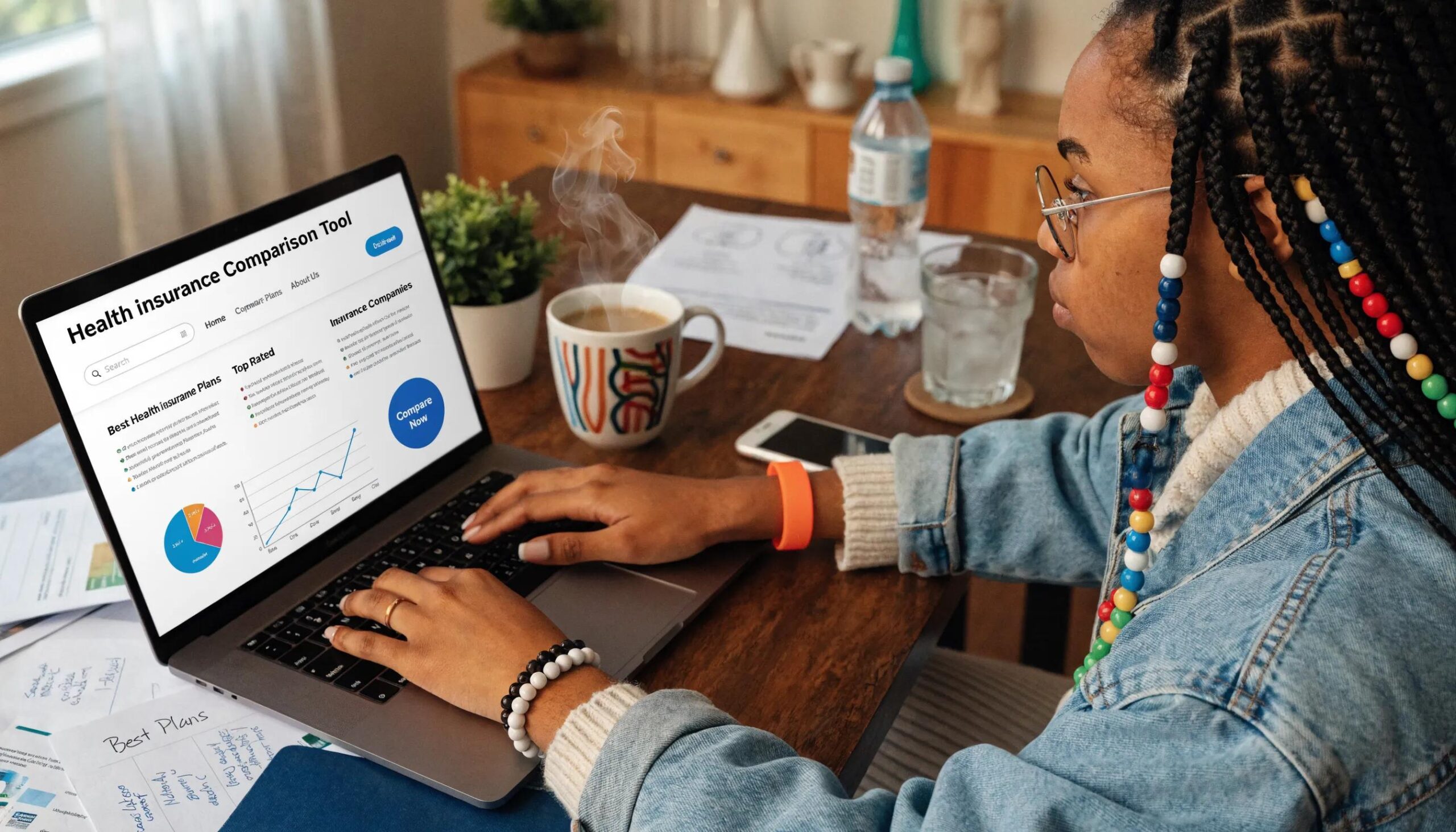 Individual using an online comparison tool for health insurance in a cozy setting