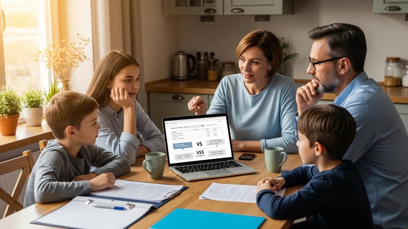 Family discussing insurance options at home, emphasizing financial planning and security