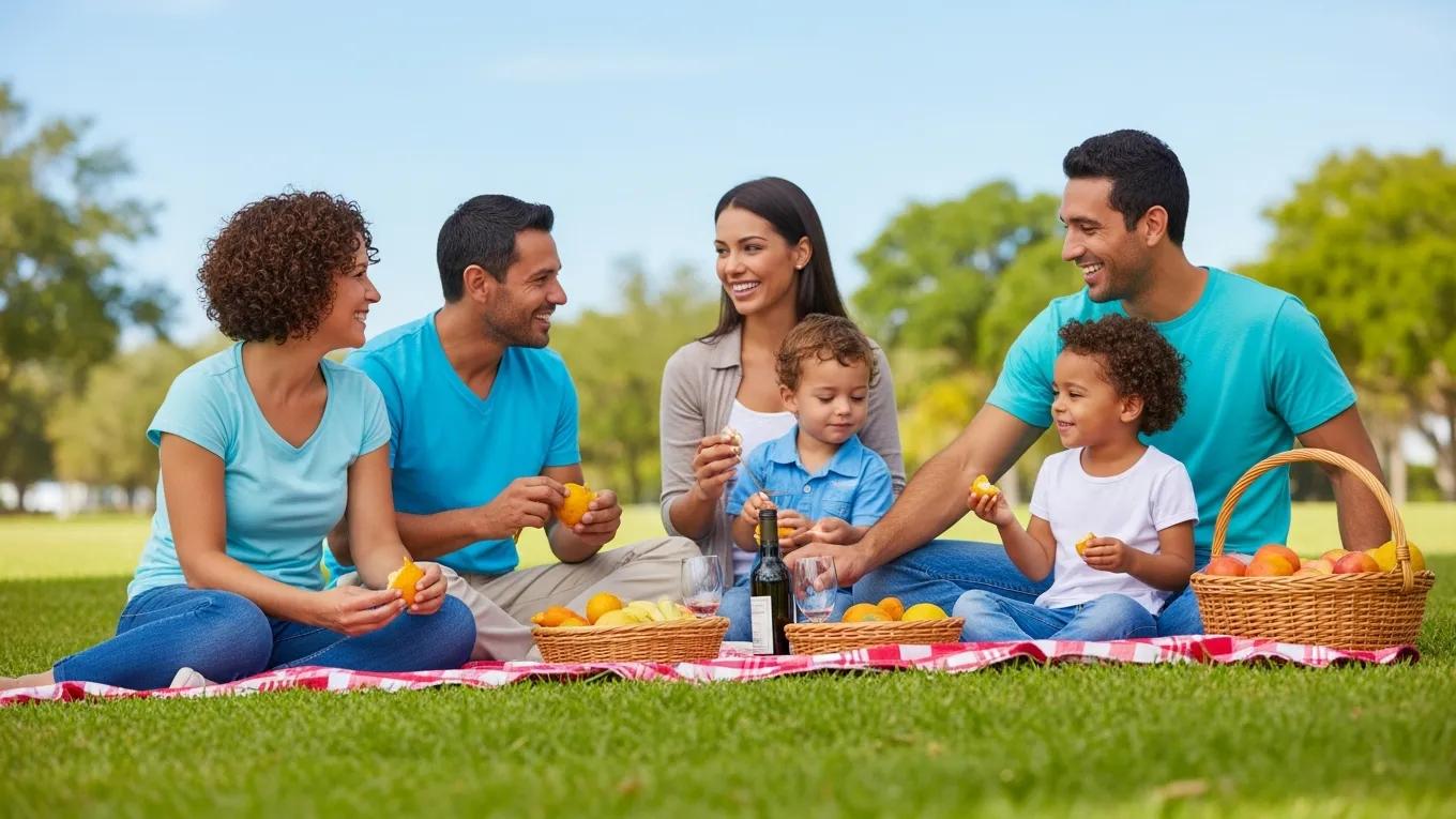 Family enjoying a picnic in a sunny Florida park, representing health and togetherness