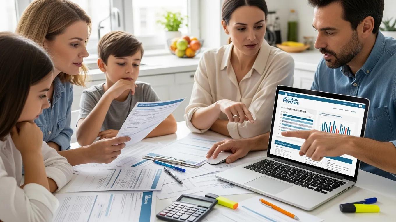 Family reviewing health insurance documents at a kitchen table, emphasizing informed decision-making