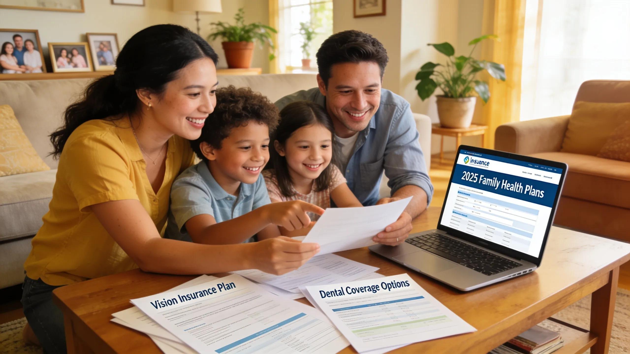 Florida family discussing vision and dental insurance options with documents and laptop