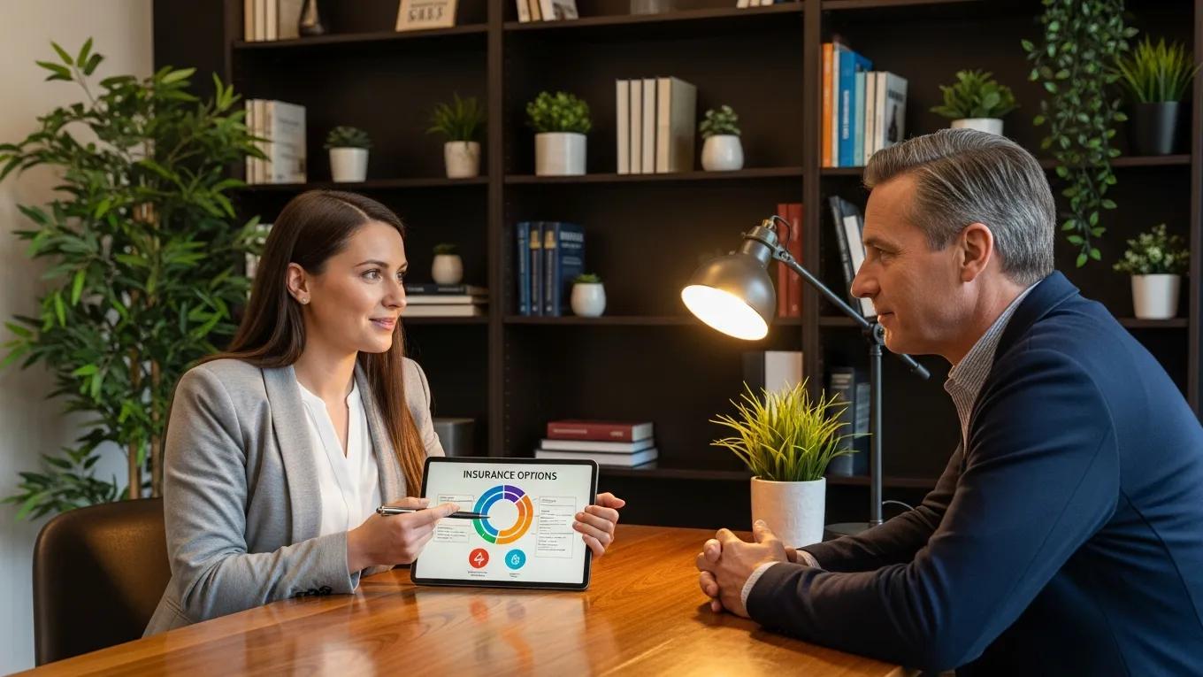Financial planner advising a client on insurance strategies, emphasizing personalized consultation