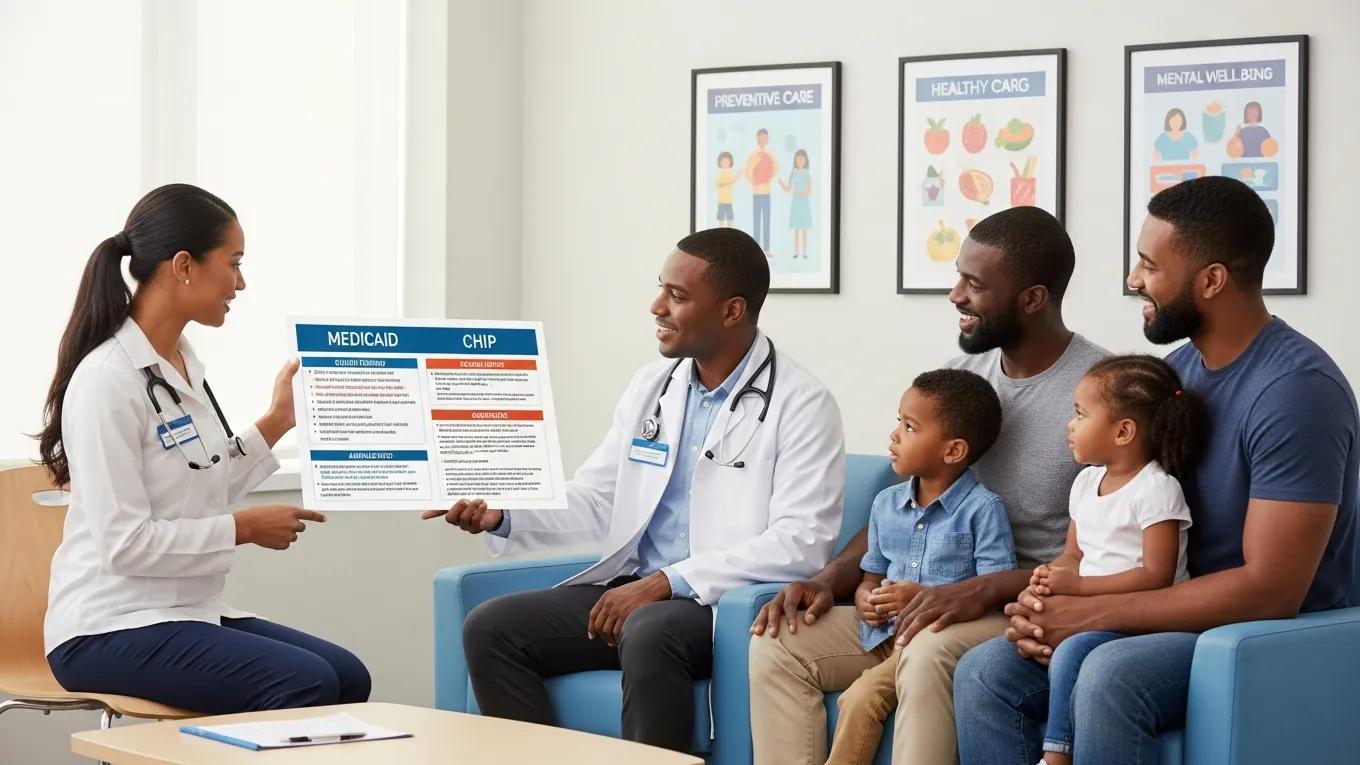 Healthcare professional explaining Medicaid and CHIP eligibility to a family in an office setting