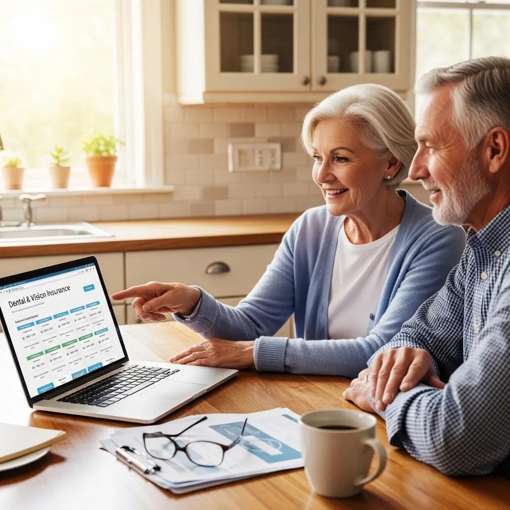 Senior couple discussing dental and vision insurance options at home