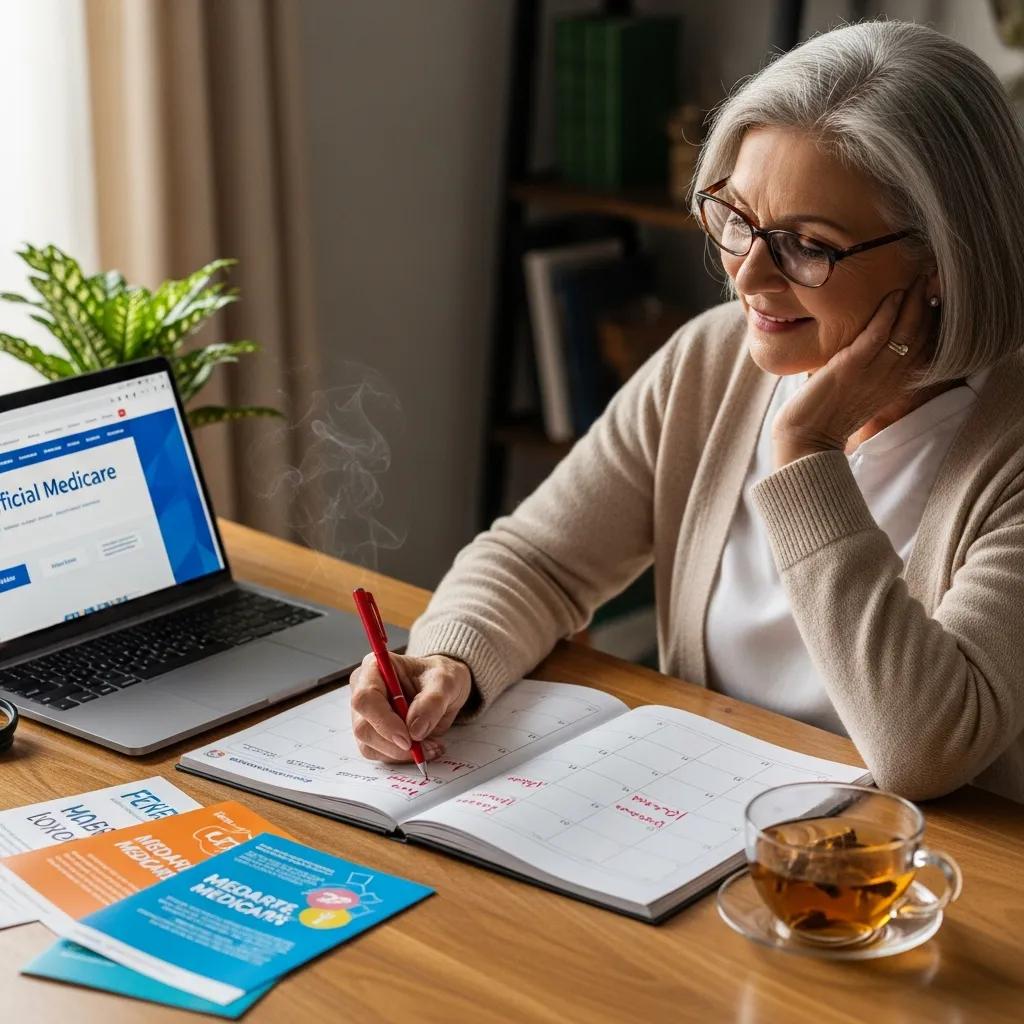 Senior woman marking Medicare enrollment deadlines on a calendar, emphasizing proactive planning