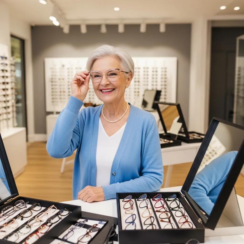 Senior woman trying on glasses in an optical store