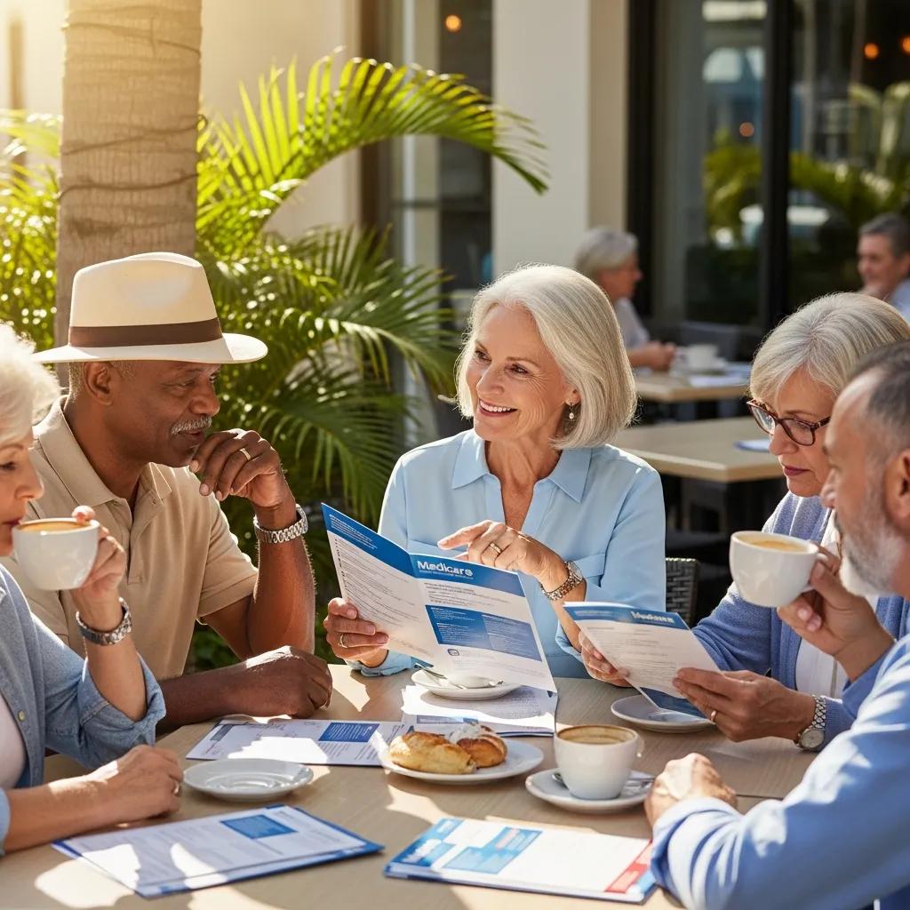 Seniors discussing Medicare options in a sunny Florida café, emphasizing community support