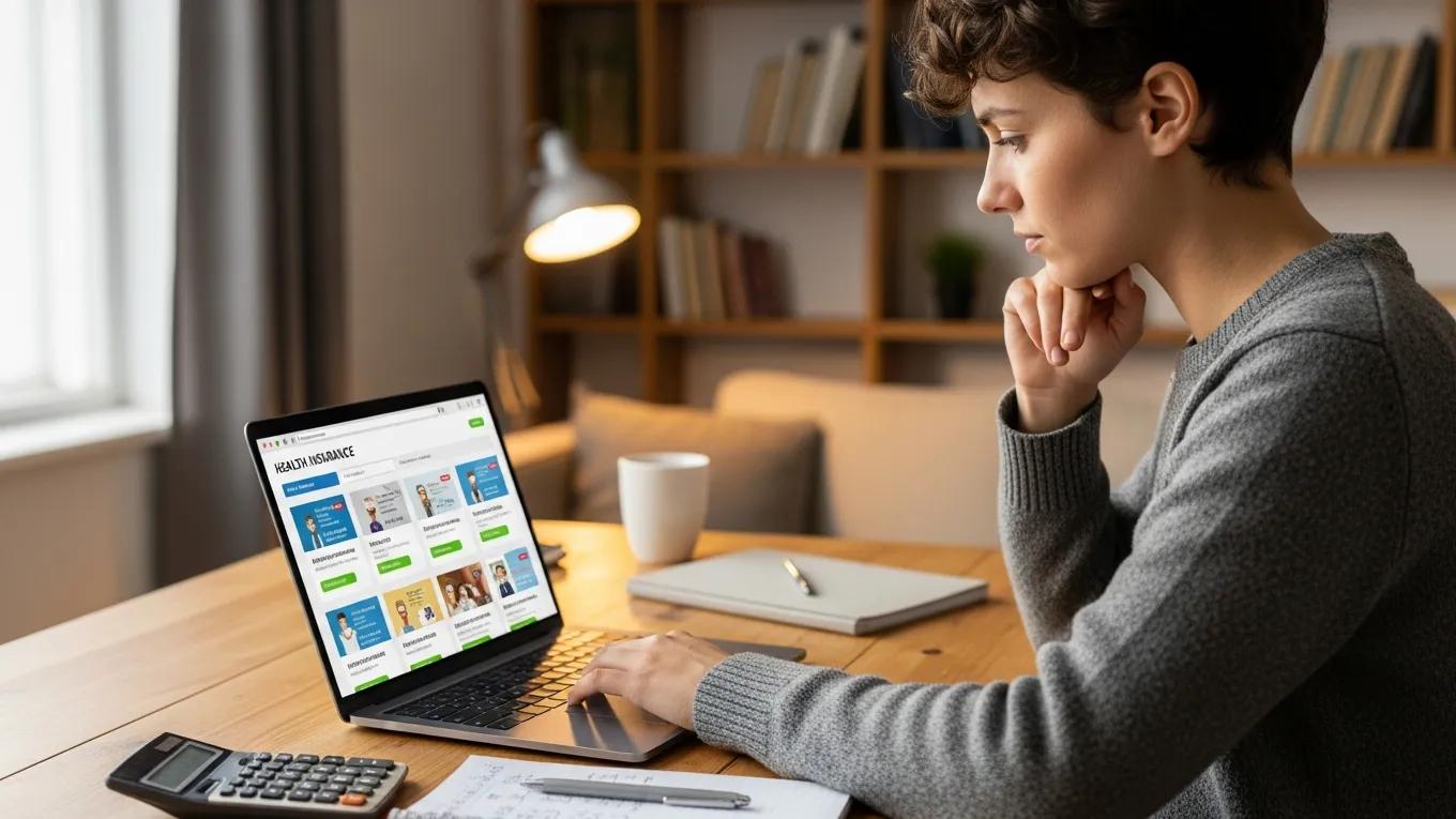 Young adult analyzing health insurance costs and options at home