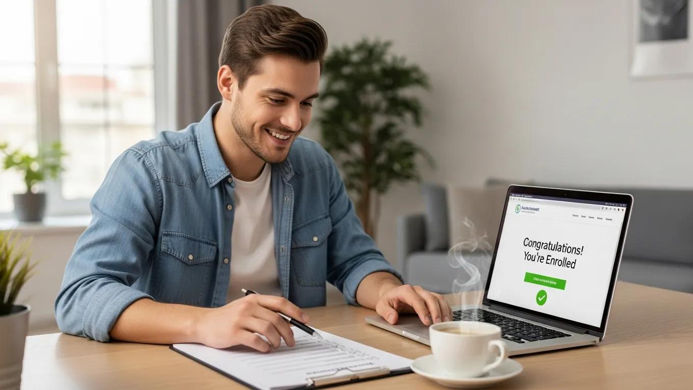 Young adult successfully enrolling in a health insurance plan online