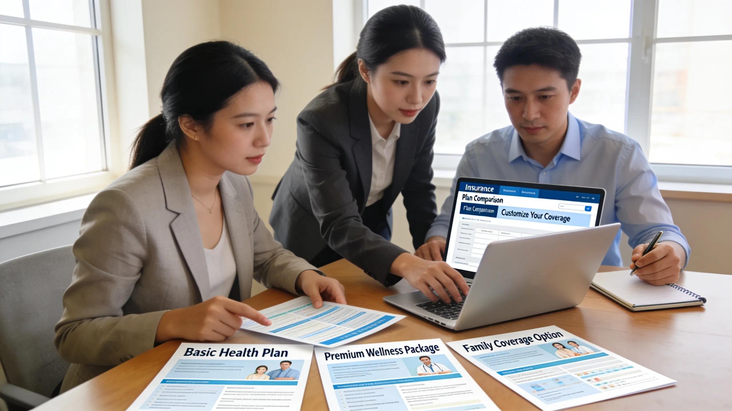 Employees reviewing diverse health insurance options in a modern office