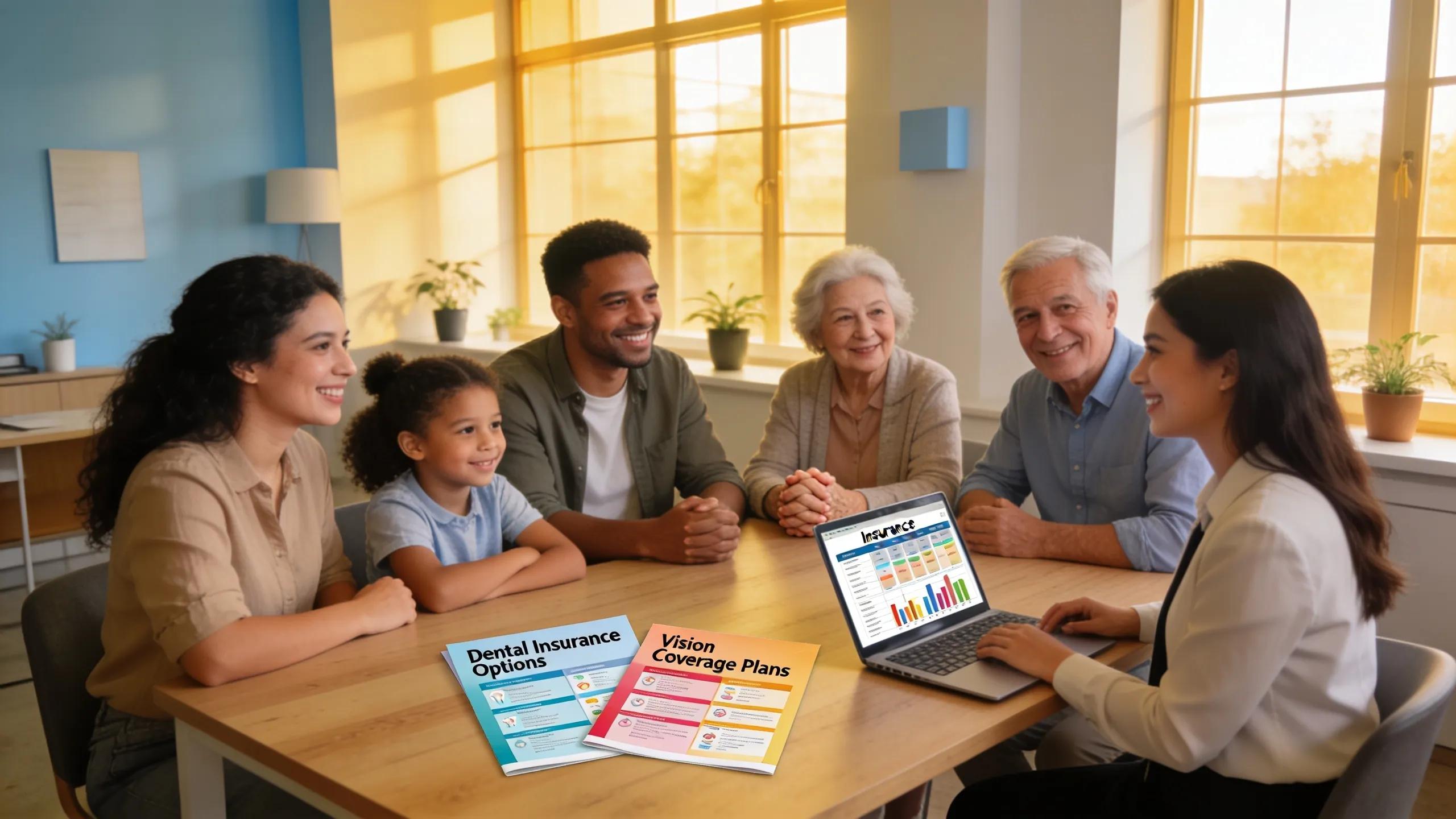 Group discussion about dental and vision insurance options at a bright, modern office