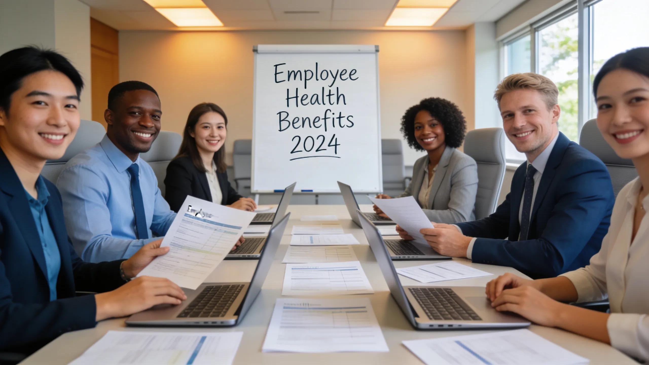 Business professionals discussing employee health plans in an office setting
