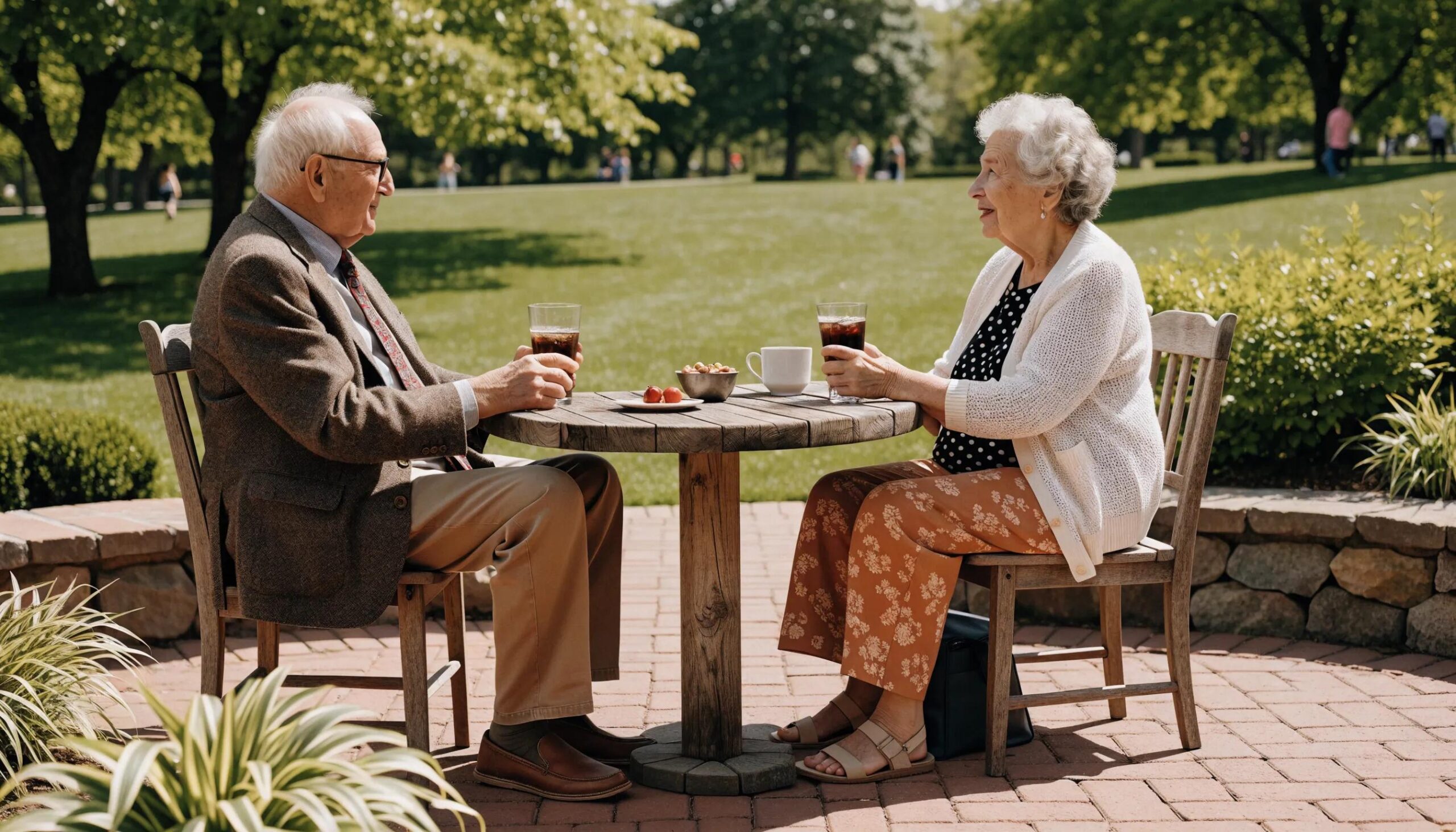 Elderly couple enjoying retirement in a park, illustrating the value of living benefits from IUL policies
