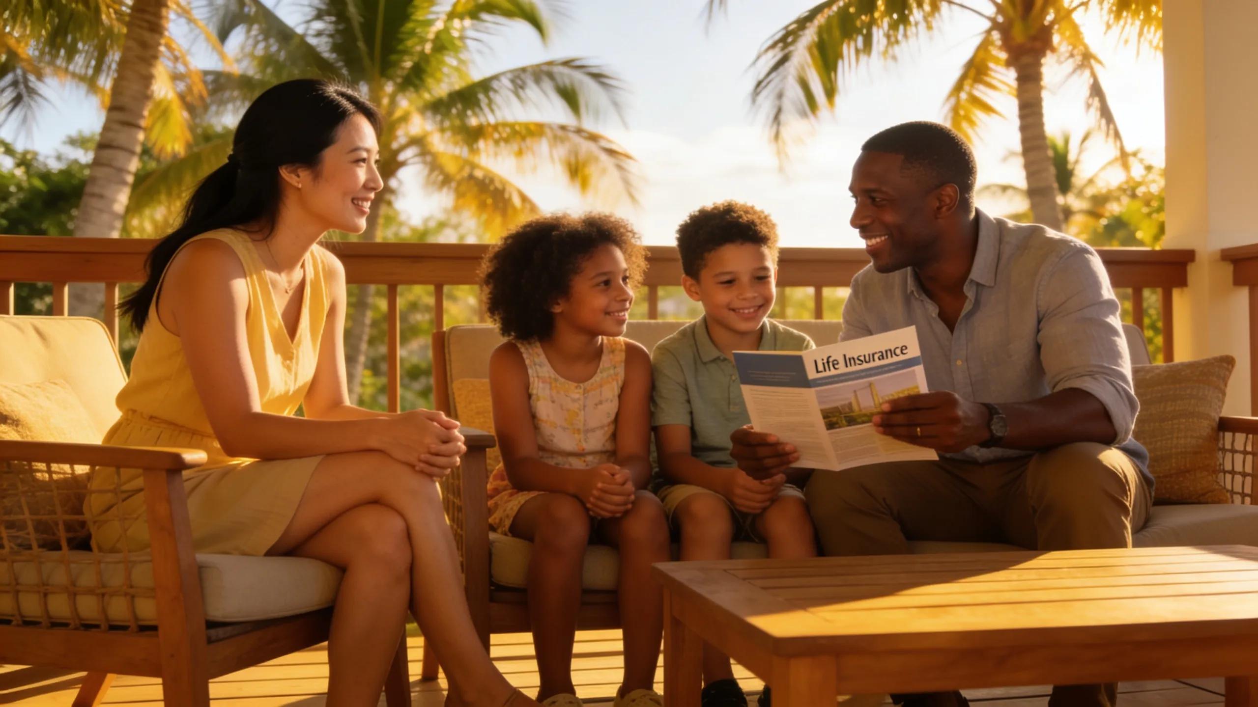 Diverse family discussing life insurance in a sunny South Florida setting, emphasizing security and financial planning