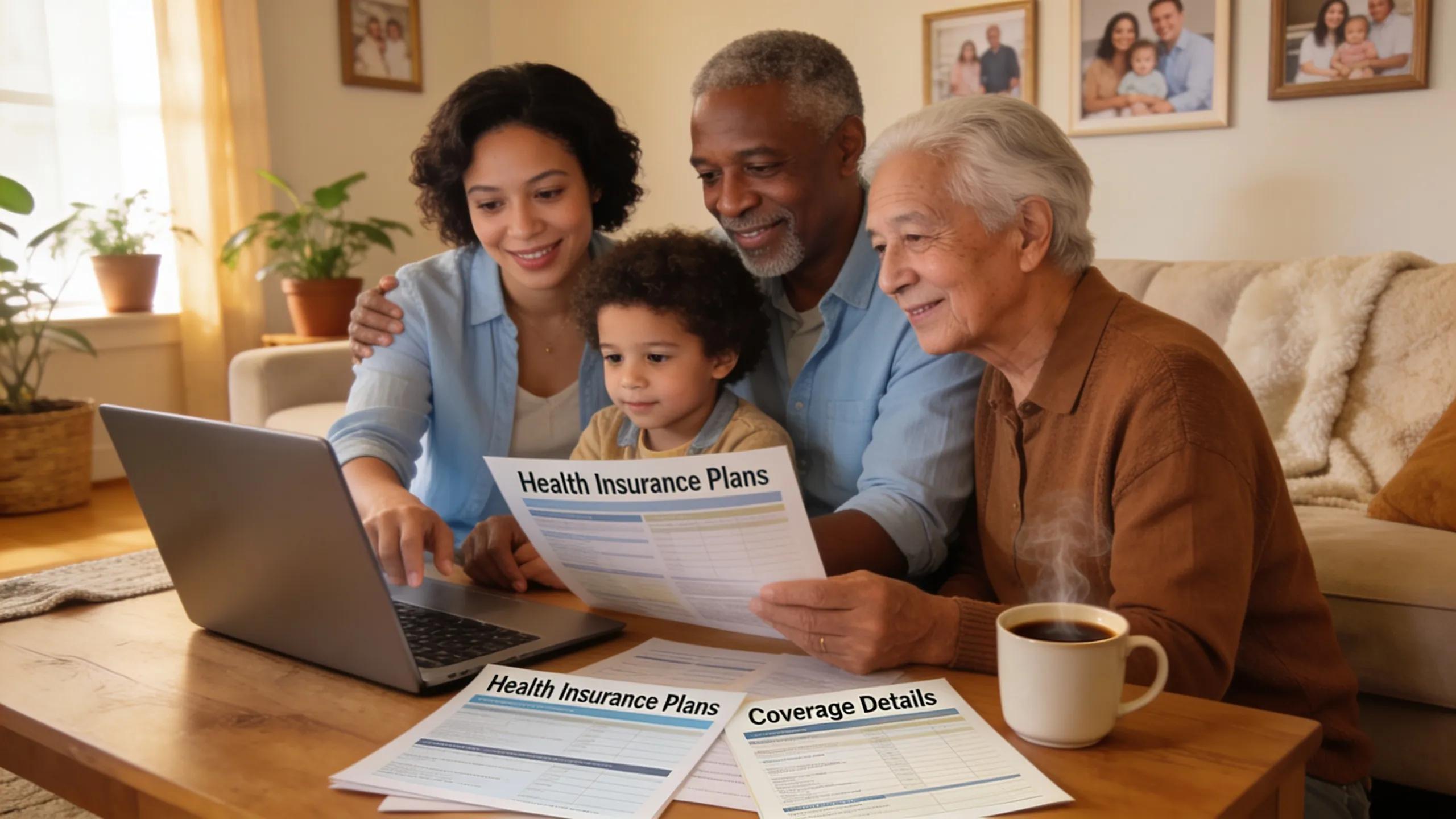Family discussing health insurance options in a cozy living room