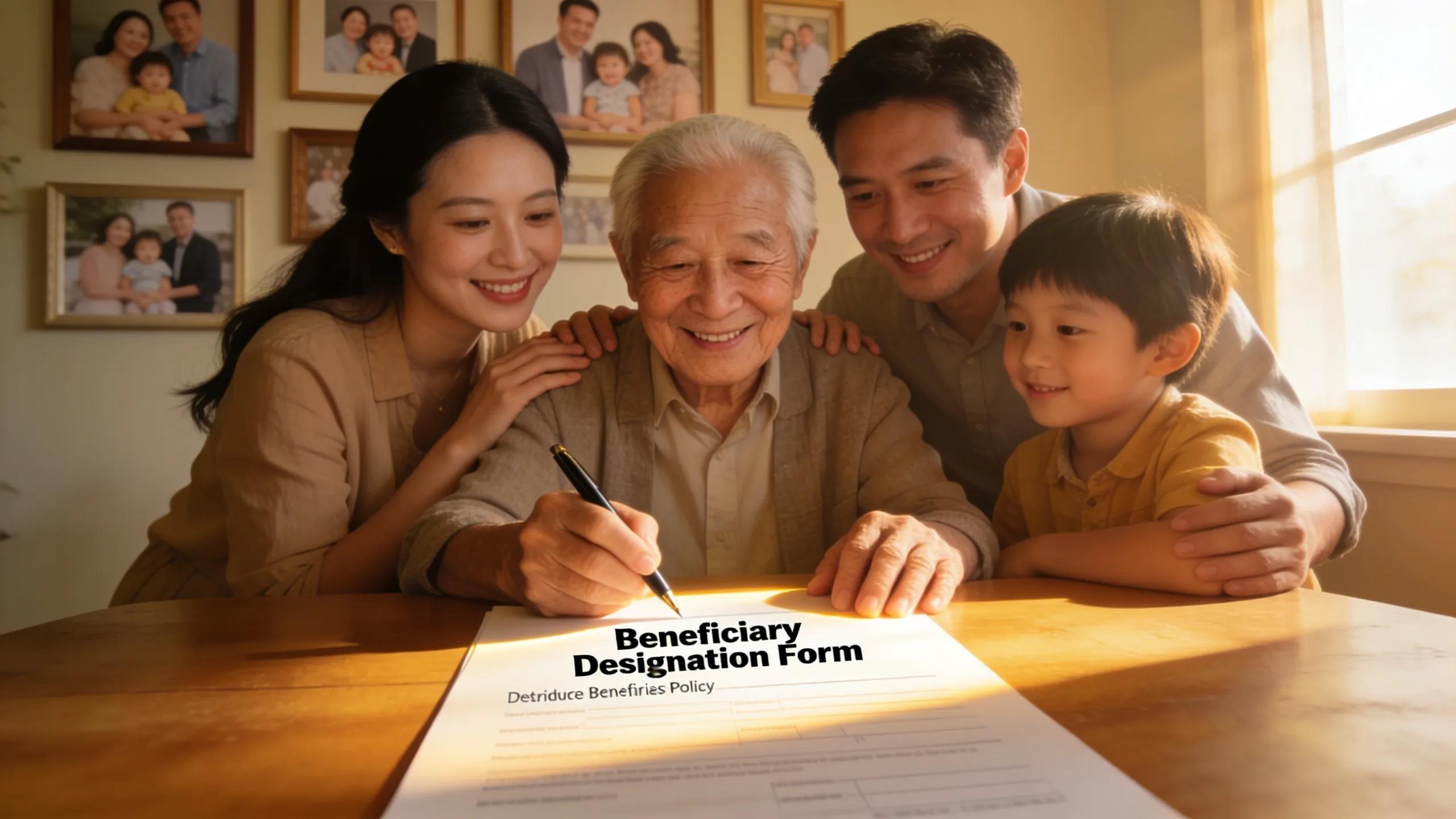 Elderly person designating beneficiaries on an insurance policy with family support