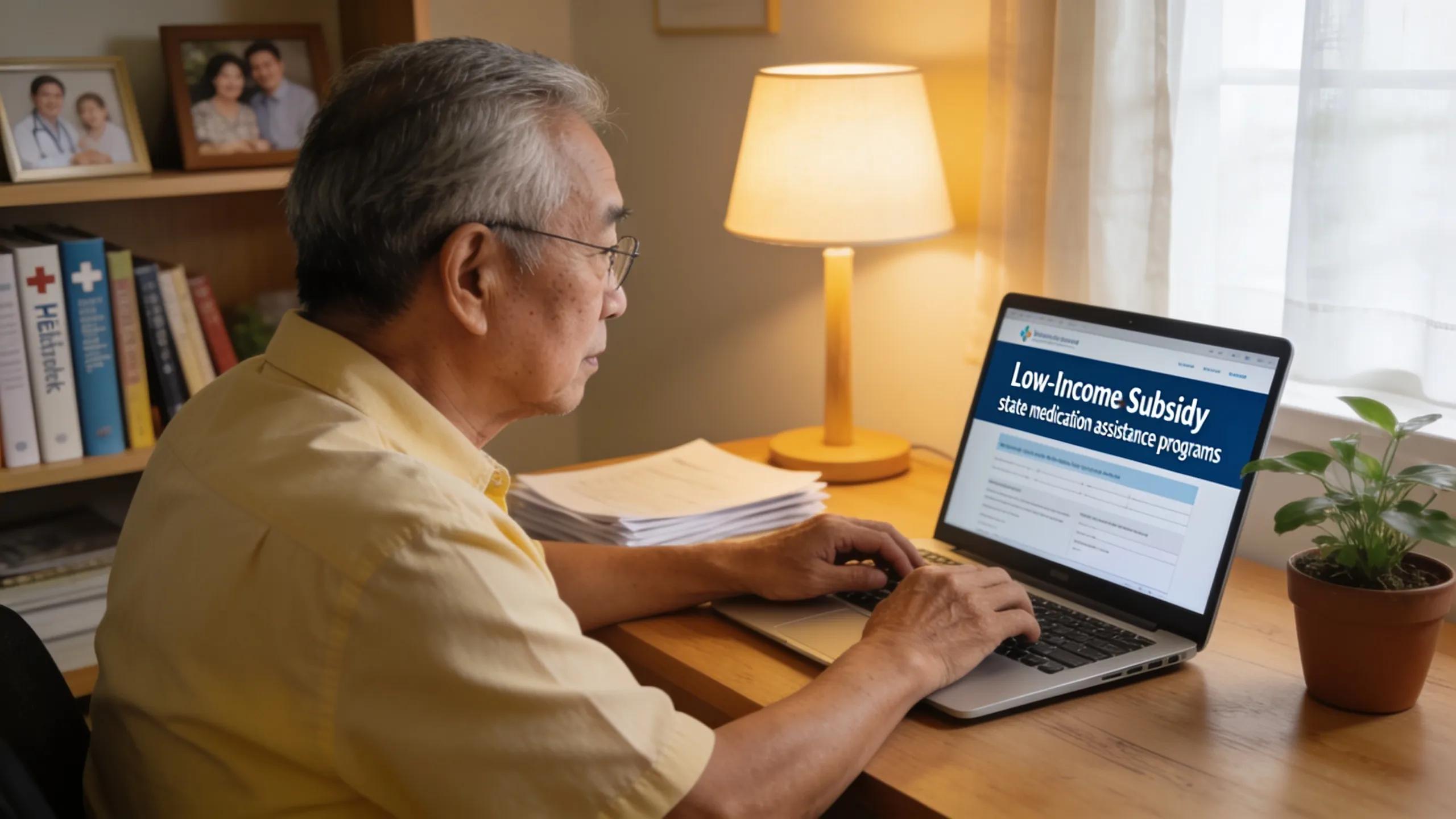 Senior navigating online resources for financial assistance programs related to Medicare Part D in Florida, highlighting digital literacy and healthcare access