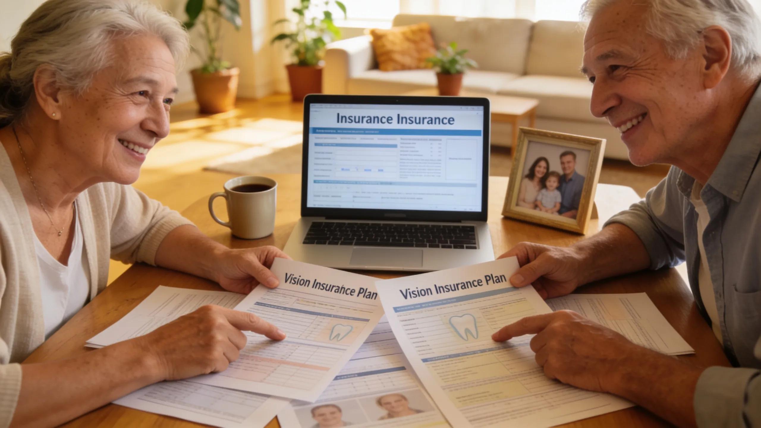 Senior couple discussing dental and vision insurance plans in a warm living room