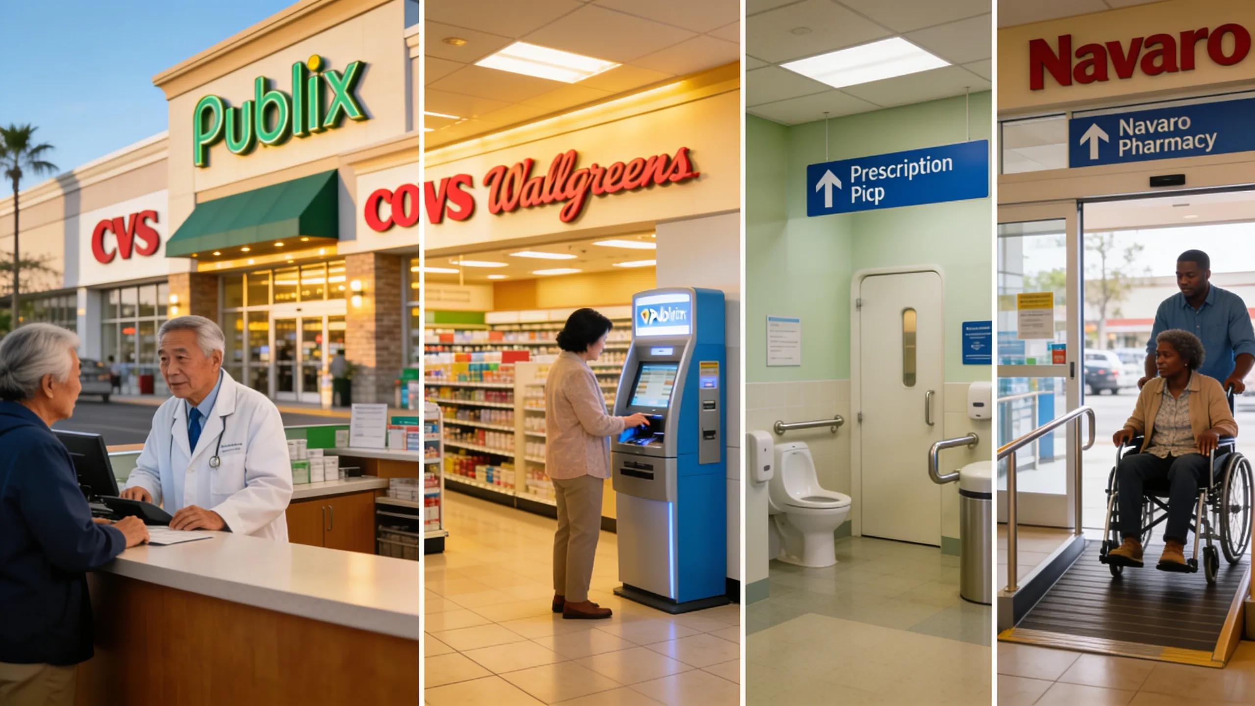Local pharmacy storefronts in South Florida, showcasing accessible services and senior-friendly environments at Publix, CVS, Walgreens, and Navarro