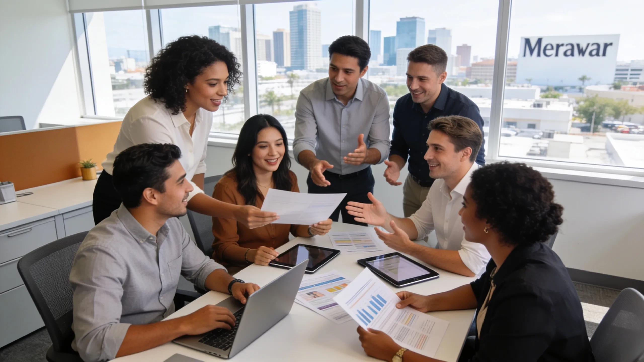 Business professionals engaged in discussions about small business health insurance in a modern South Florida office