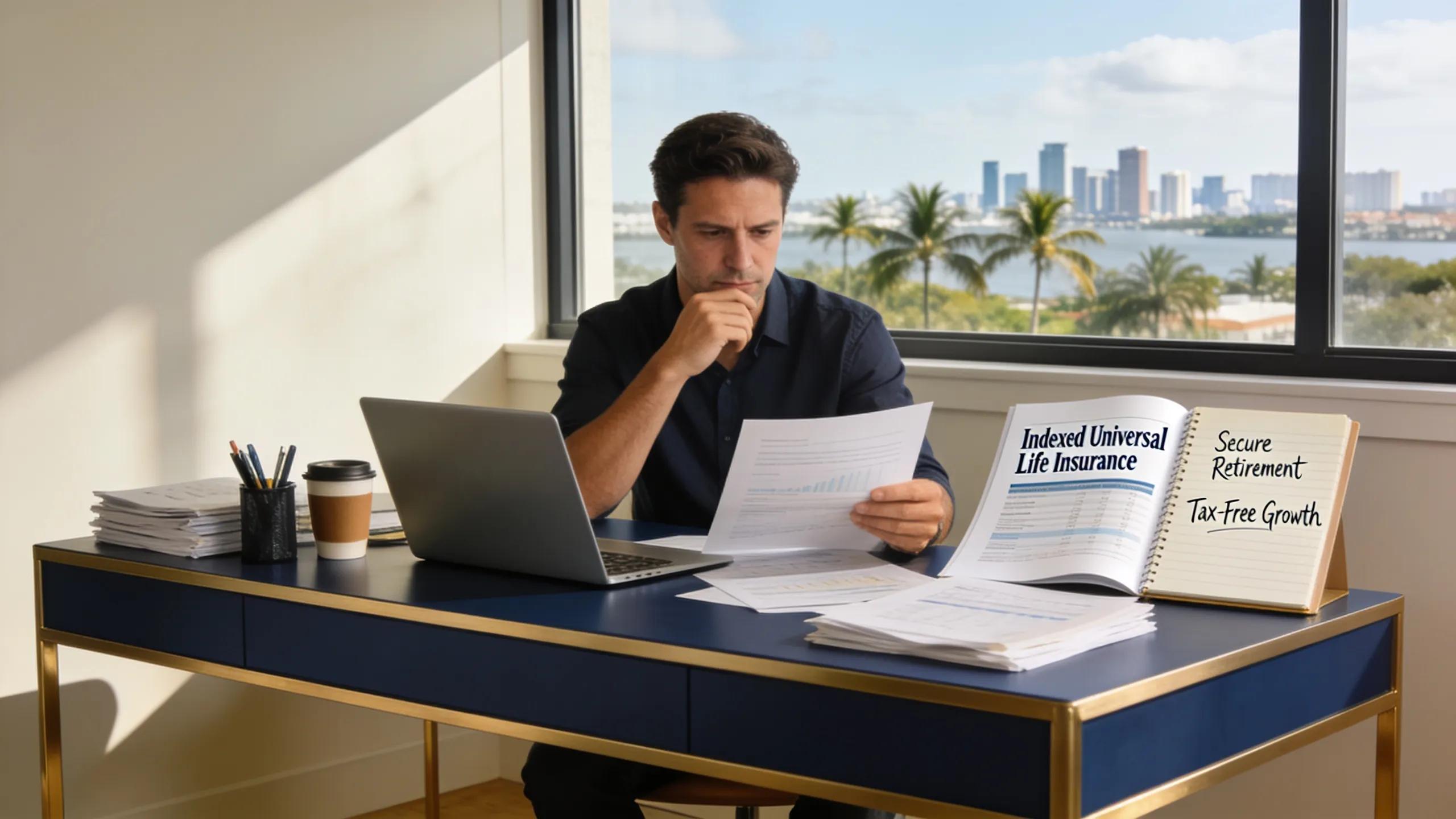 Individual analyzing financial documents for tax-free retirement planning with IUL insurance in a Miami-Dade setting