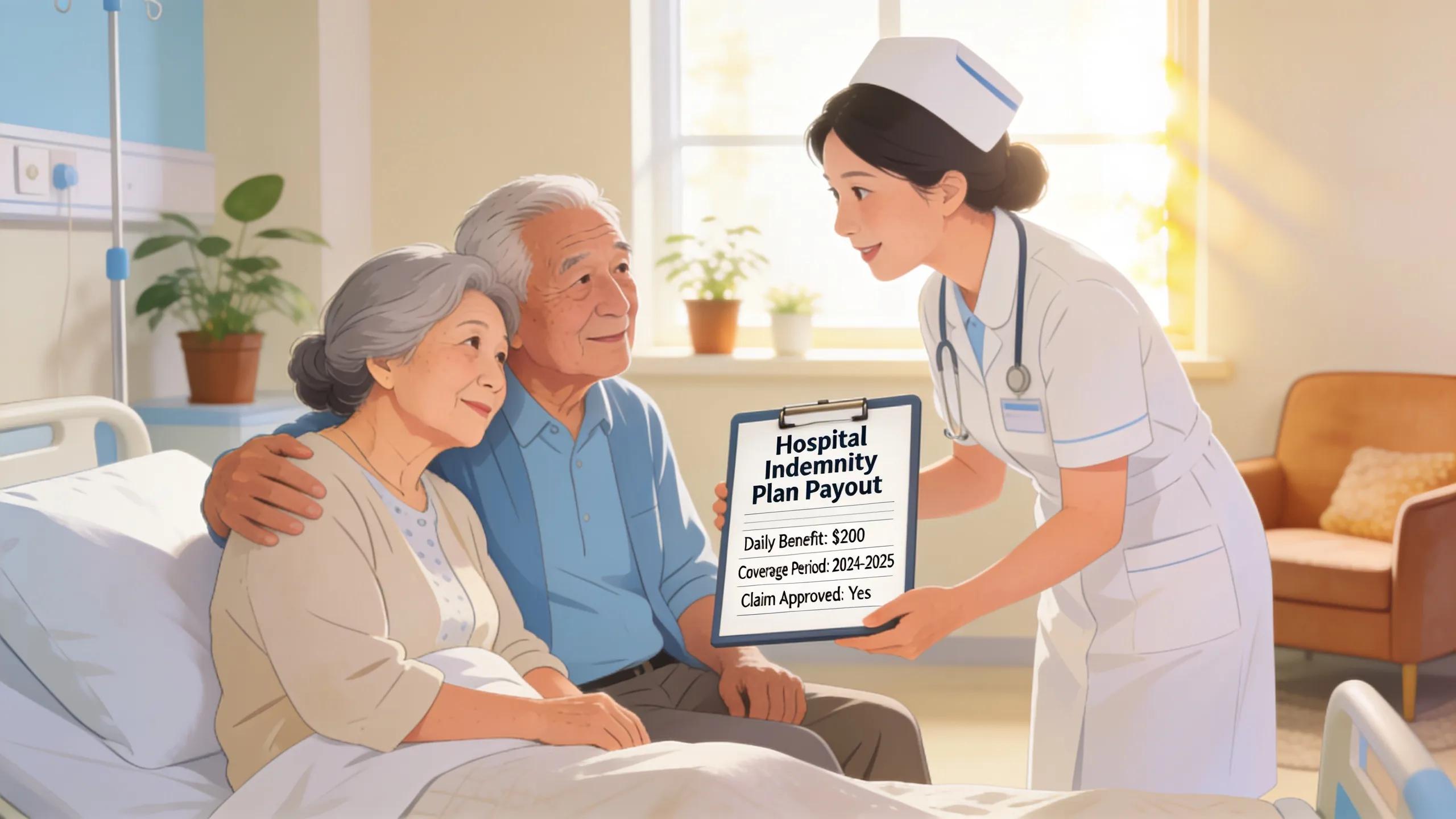 Elderly couple receiving care in hospital highlighting indemnity insurance benefits