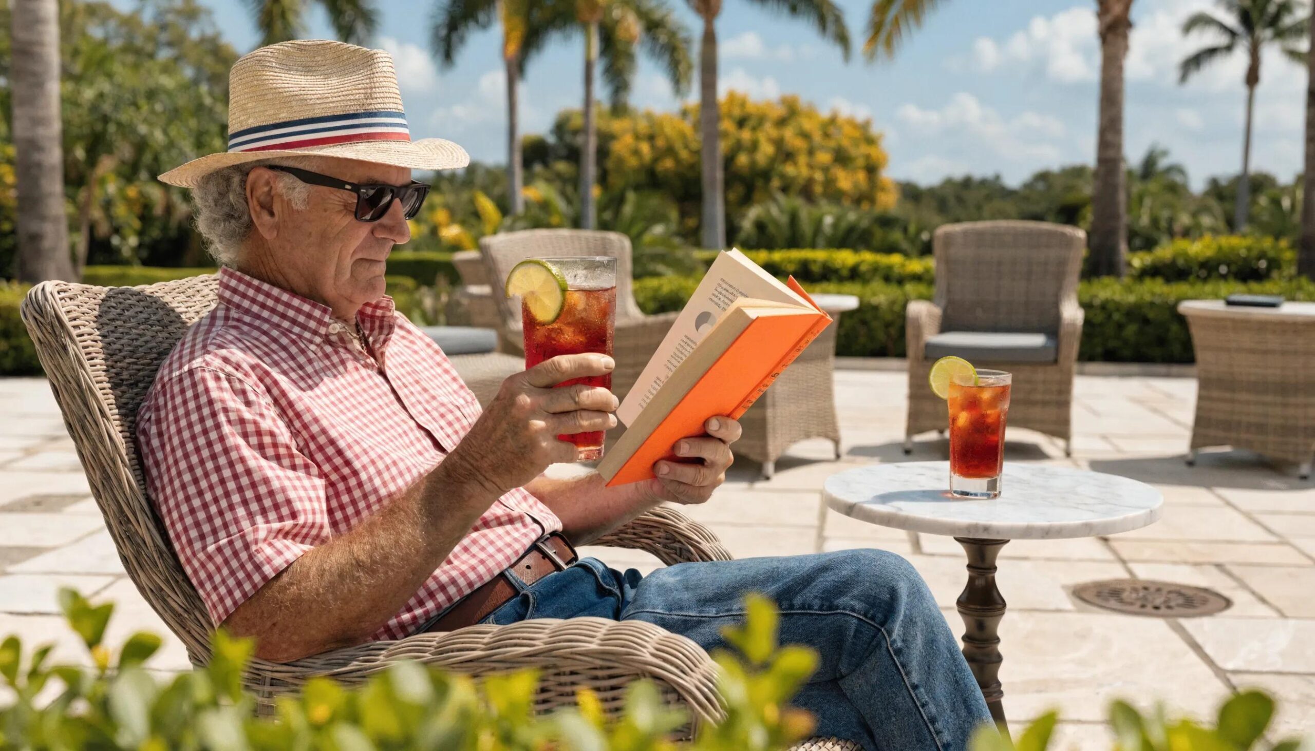 Retiree enjoying reading about annuities on a Florida patio