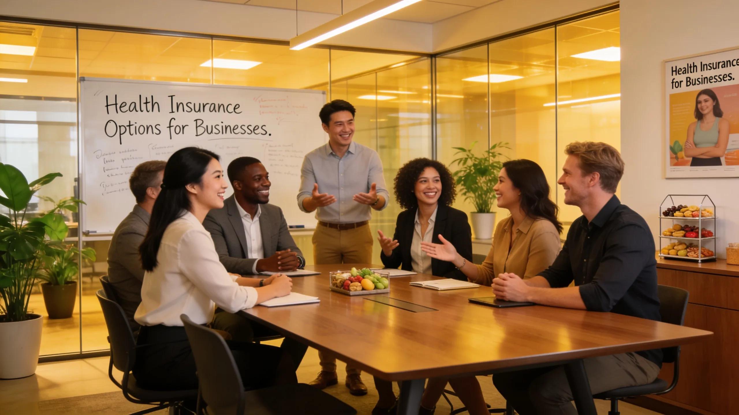 A diverse group of professionals discussing health insurance options in a modern office, symbolizing business health in Florida