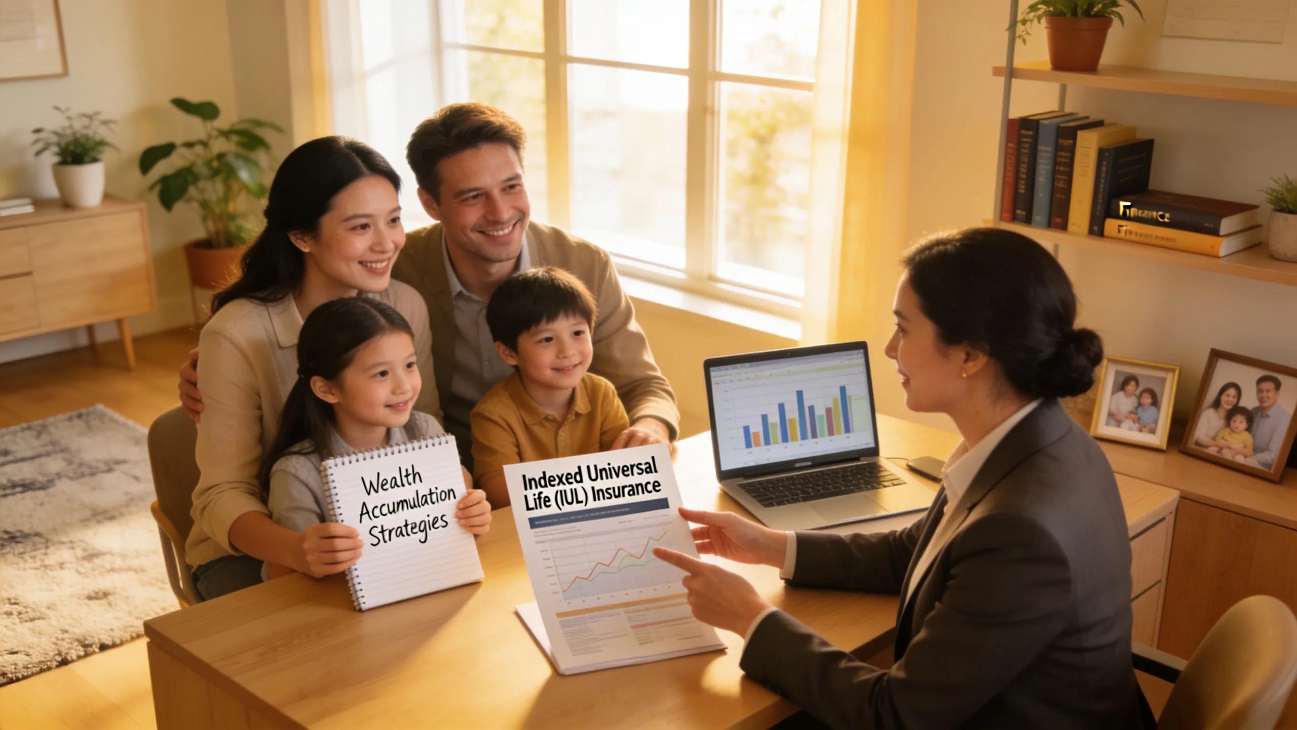 Family discussing Indexed Universal Life insurance with a financial advisor in a modern home office