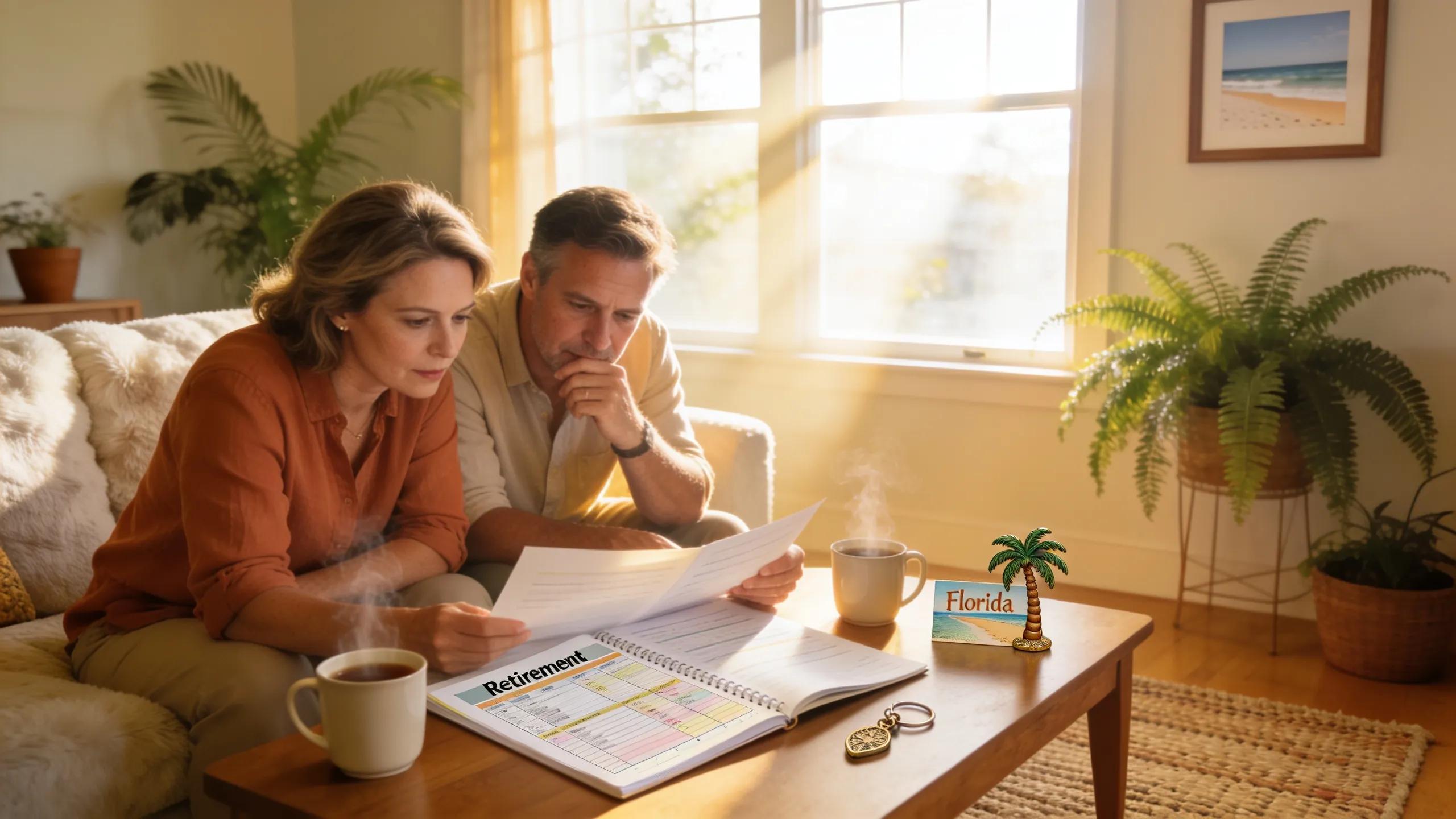 Couple discussing retirement planning in a cozy Florida living room