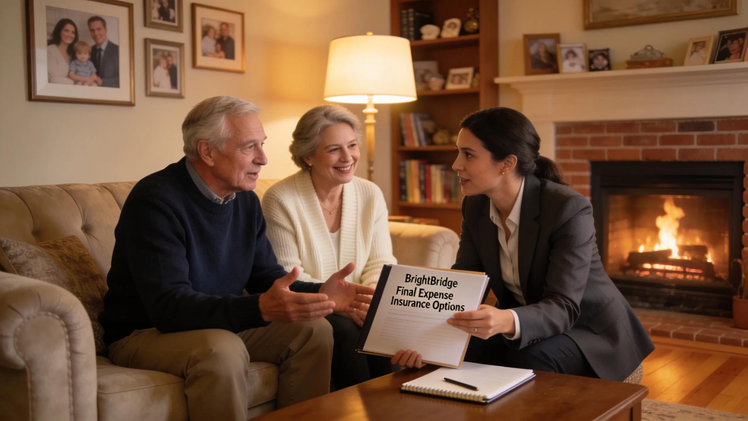 Older couple consulting with an insurance advisor in a warm home setting