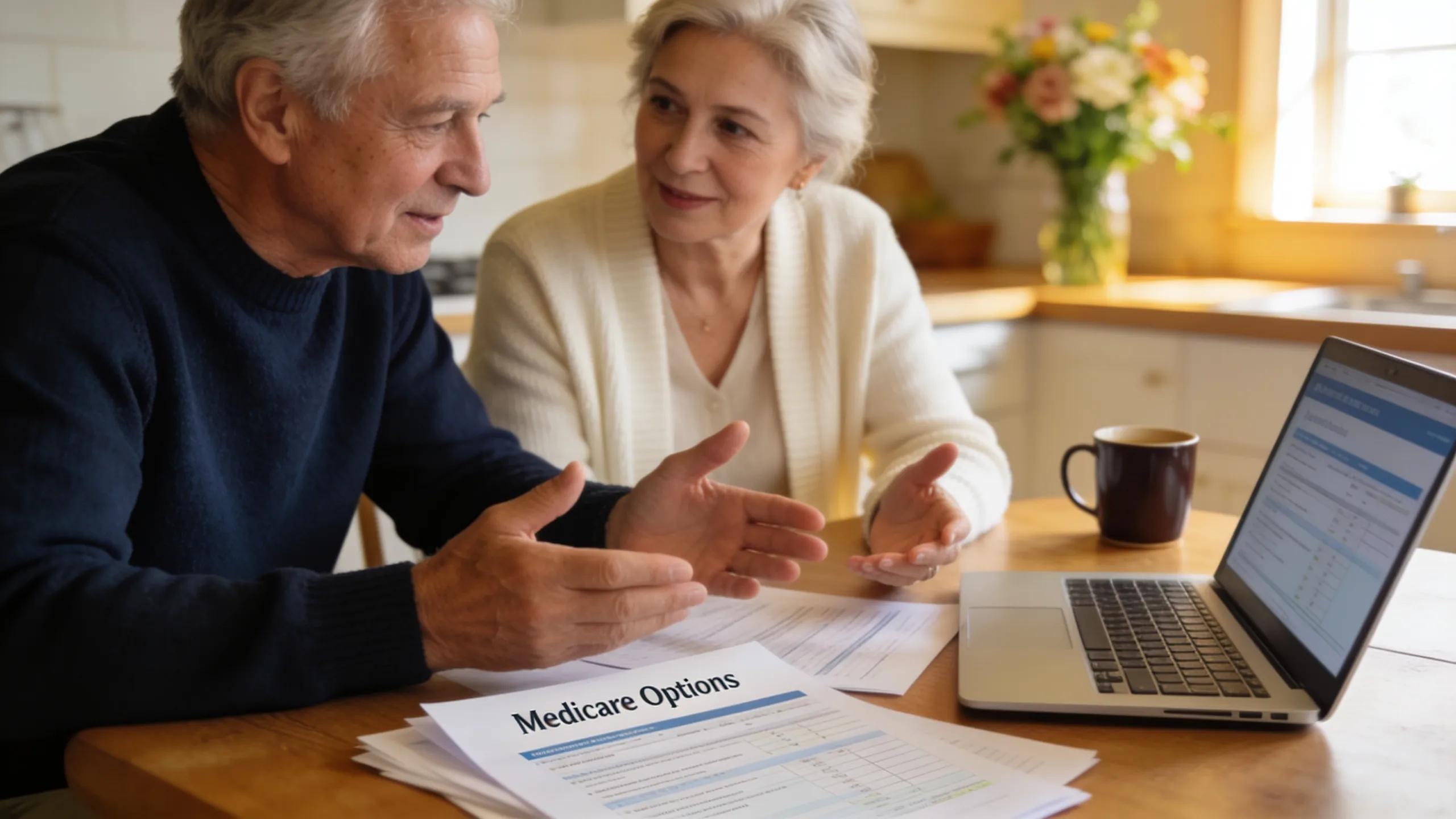Senior couple discussing Medicare options at home with paperwork and a laptop