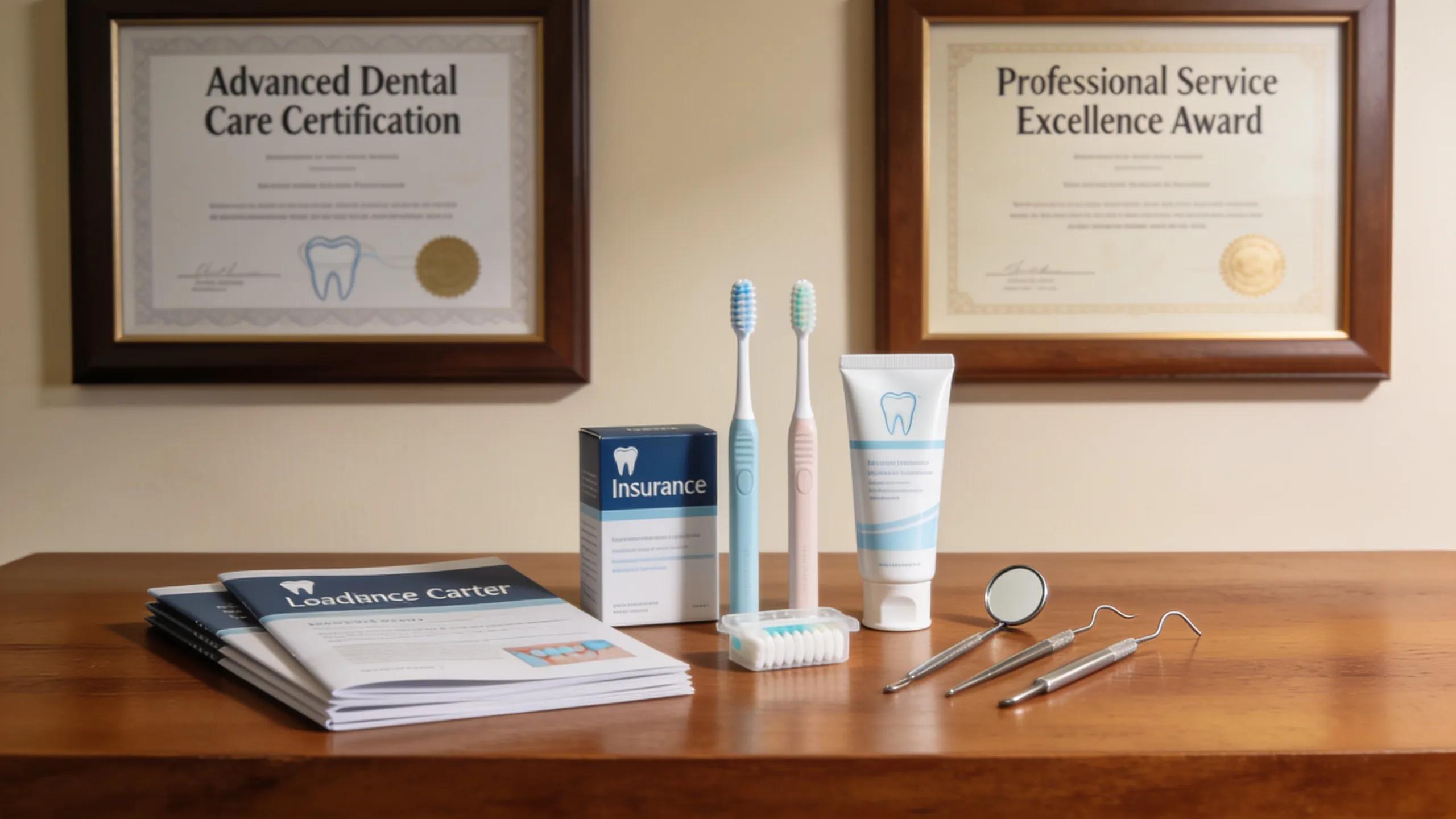 Display of dental insurance brochures from leading carriers alongside dental care products in a professional setting