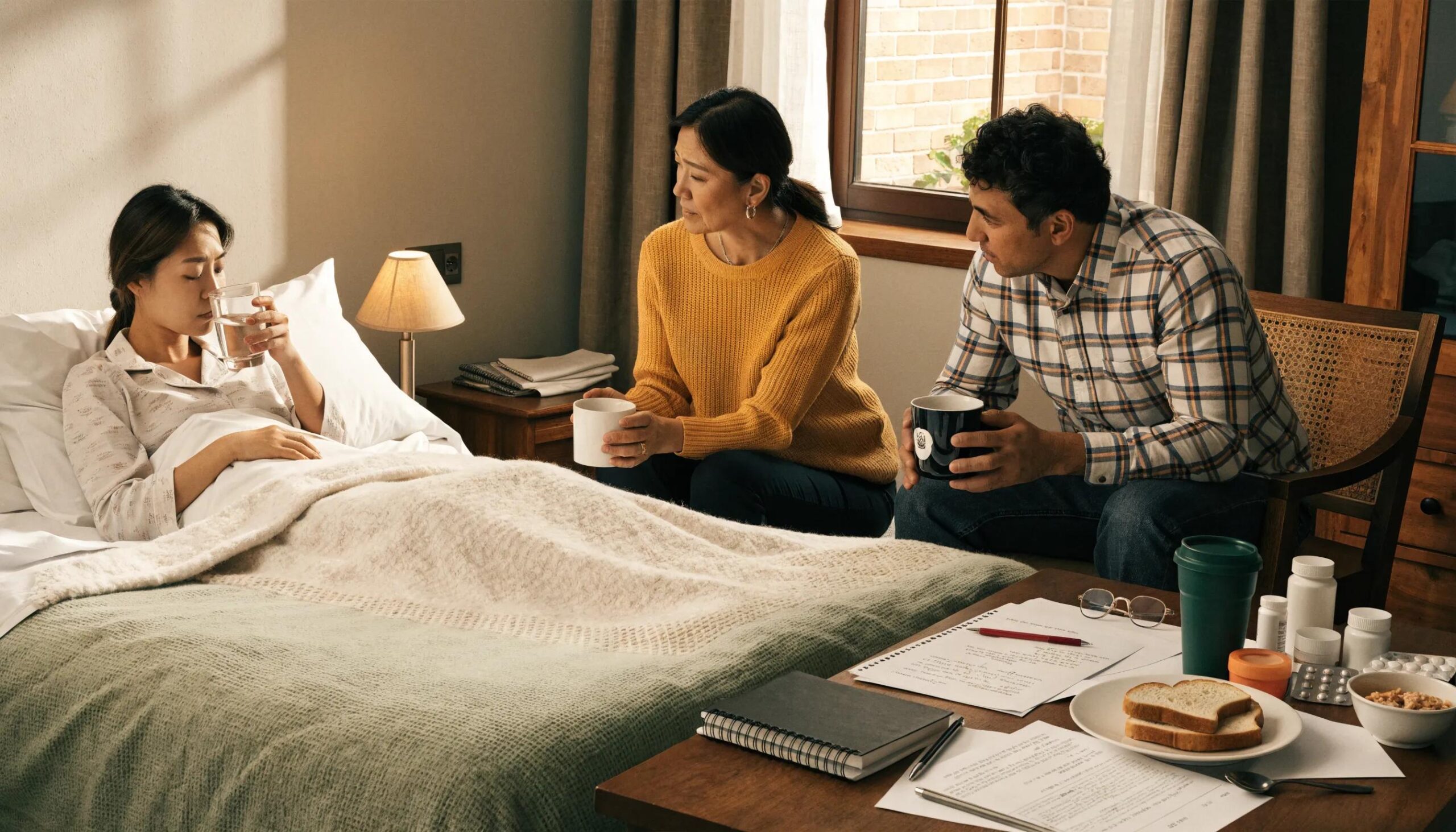 Family supporting a recovering patient at home with critical illness insurance materials