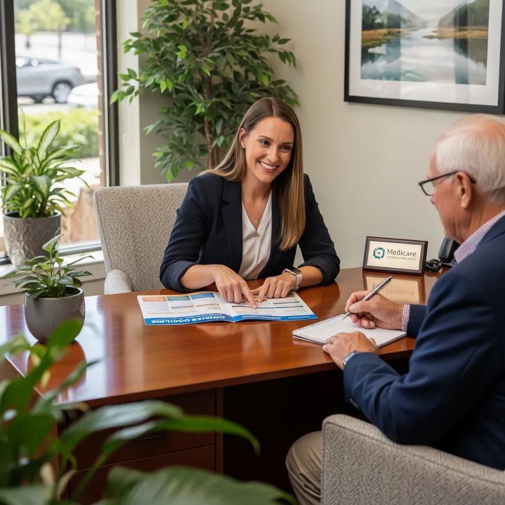 Insurance agent assisting a senior client with Medicare resources in an office