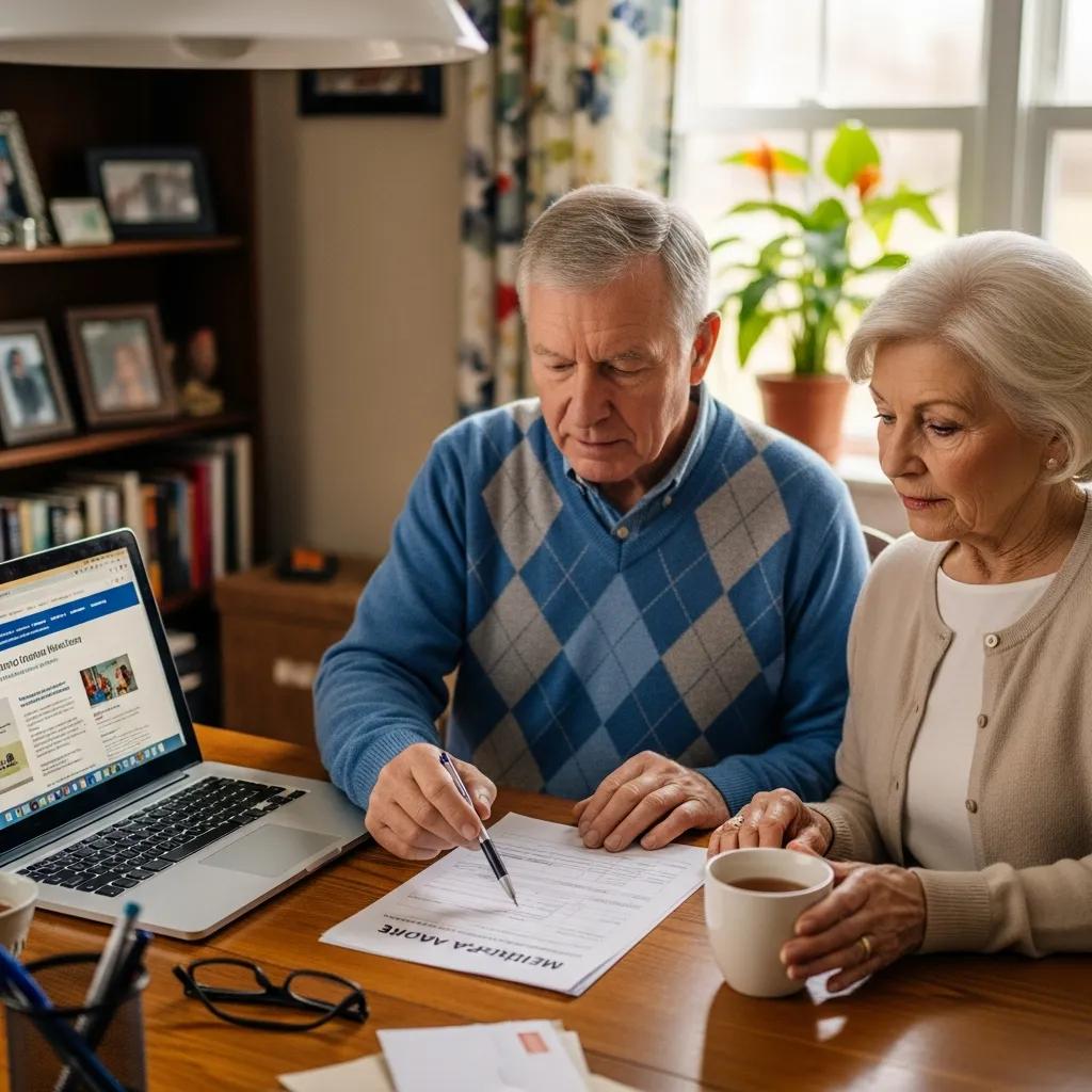 Senior couple reviewing Medicare application forms at home